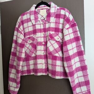 Cropped Fuzzy Pink and White Plaid Jacket